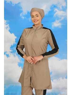 Kadın Pantolonlu Kolu Şeritli Tam Tesettür Mayo Bej