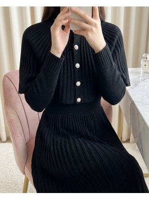 Modamorfo Eteği Fitilli Beli Lastikli Pelerin Detaylı Uzun Triko Elbise -Siyah