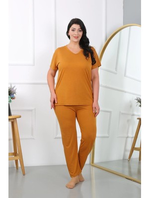 Kadın Büyük Beden Kısa Kol Penye Pijama Takımı Hardal