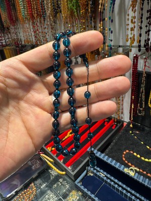 Septemmart Gece Mavisi Ateş Kehribar Tesbih 6x9 mm Küre Kesim Usta Imzalı