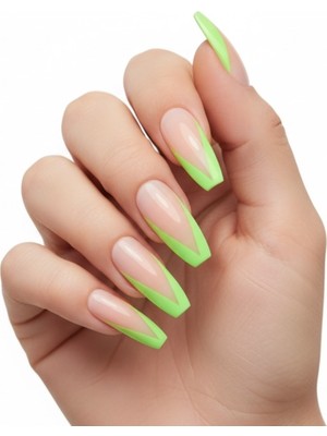 24'lü Doğal Pembe Yeşil French Takma Tırnak Seti Lüks Parlak Natürel Desenli Extra Uzun Küt Kare Balerin Yapıştırıcılı Fake Nails Set, Eda Luxury Beauty