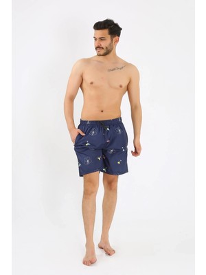Erkek Desenli Fermuar Cepli Deniz Şortu Lacivert