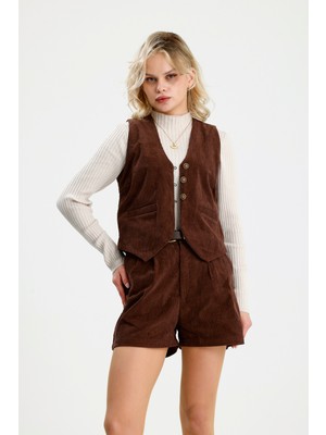 Rose Quenn Ince Fitilli Kadife Kumaşından Kısa Kışlık Yelek