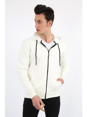 Datatek Üç Iplik Düz Kapşonlu Fermuarlı Kanguru Cepli Erkek Günlük Sweatshirt