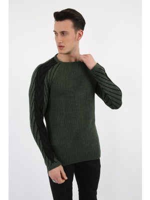 Renklime Erkek Haki Kolu Şeritli Kalın Kışlık Günlük Triko Kazak