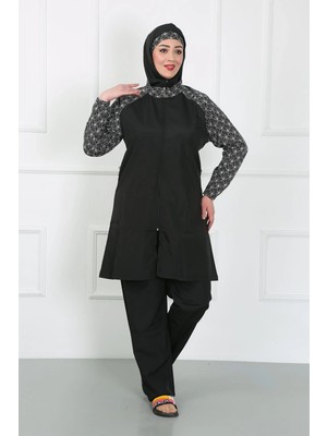 Büyük Beden Desenli Tesettür Mayo Siyah
