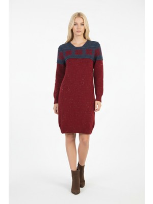 Datatek Kadın Bordo Kar Tanesi Desenli Bisiklet Yaka Uzun Kollu Jakarlı Mini Triko Kazak Elbise