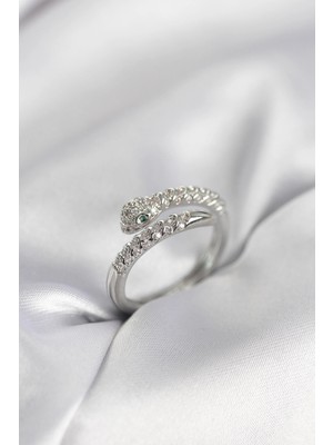 İsmiyle Al Yılan Model Gümüş Renk Zirkon Taşlı Kadın Yüzük