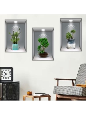 Zenvia 3D Çiçek Vazo Duvar Sticker 3 Lü Set Gri Fon (4887) ZNVA-GO3146