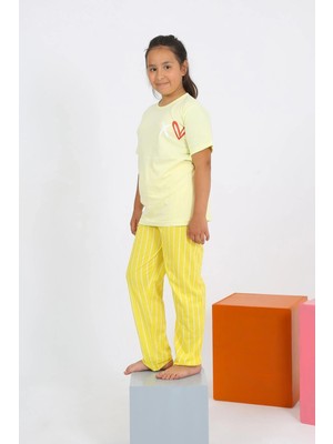 Kız Çocuk Kısa Kol Sarı Penye Pijama Takım