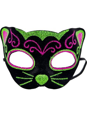 Zenvia Siyah Kadife Kaplama Üzeri Pembe Yeşil Sim Işlemeli Kedi Maskesi 20X13 cm (4887) ZNVA-GO3146