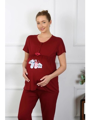 Kadın Kısa Kol Hamile Lohusa Pijama Takımı Bordo