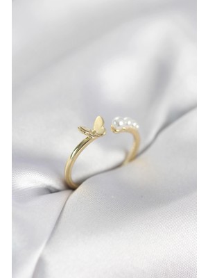 İsmiyle Al Incili Kelebek Model Gold Renk Pirinç Kadın Yüzük