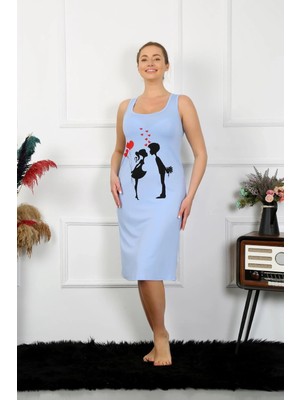 Kadın Kalın Askılı Penye Uzun Mavi Gecelik