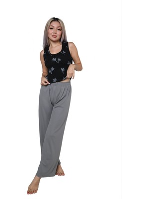 Kadın Kalın Askılı Body Bol Paça Pantolon 2`li Takım Siyah