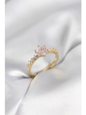 İsmiyle Al Gold Renk Pembe Tek Taş Model Zirkon Taşlı Kadın Yüzük