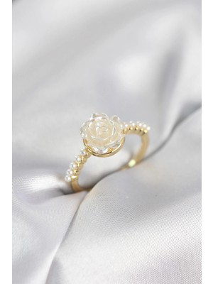 Shopwave Gold Renk Gül Model Incili Kadın Yüzük