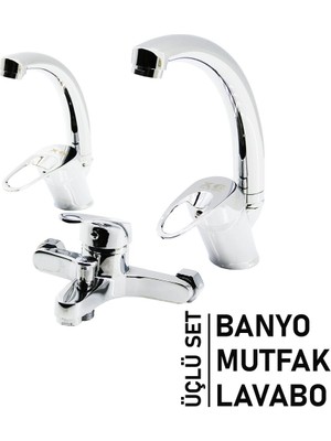 Zenvia 3lü Set   Banyo - Evye Mutfak - Lavabo   Aç Kapa  Mix Batarya Musluk (4887) ZNVA-GO3146