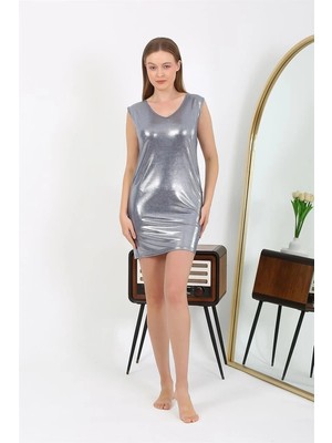 Kadın Kalın Askılı Kısa Parlak Micro Ev Elbisesi Gecelik Gri