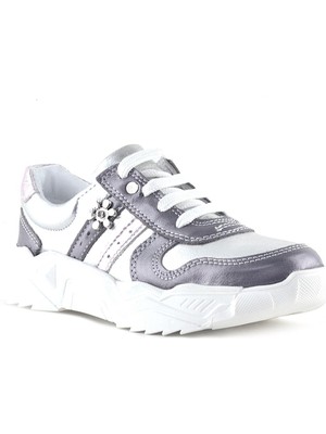 Rakerplus Hakiki Deri Platin Pembe Çiçek Metal Detaylı Kız Çocuk Spor Ayakkabı