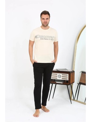 Erkek Kısa Kol Penye Pijama Takımı Krem