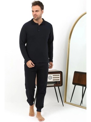 Erkek Polo Yaka Uzun Kol Penye Pijama Takımı Lacivert