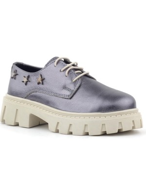 Rakerplus Platin Hakiki Deri Bağcıklı Yıldızlı Kız Çocuk Oxford Okul Ayakkabı