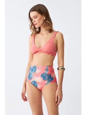 Kadın Somon Pedli Üst ve Tropik Desenli Yüksek Bel Bikini Takımı
