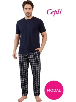 Erkek Modal 3 Düğmeli Ekose Desen Pamuk Likra Kısa Kol Cepli Pijama Takımı