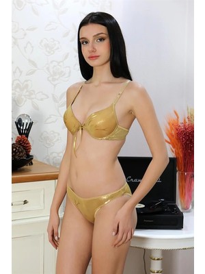 Kadın Destekli Desenli Sütyen Takım Hardal