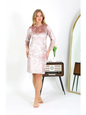 Kadife Ev Elbisesi Tunik Gecelik Pudra