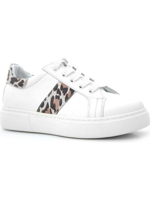 Hakiki Deri Beyaz Bağcıklı Leopar Desenli Kız Çocuk Spor Ayakkabı