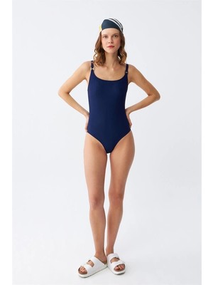 Kadın Lacivert Metal Aksesuarlı Ince Askılı Tek Parça Mayo