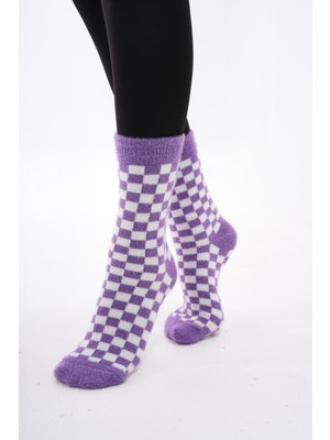 THE HUEZ 2 Çift Kışlık Peluş Kadın Soket Çorap,extra Yumuşak Dokulu Damalı Pamuklu Uyku Çorabı