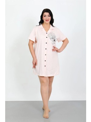 Büyük Beden Penye Düğmeli Pudra Tunik Gecelik