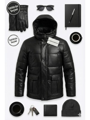 Tabakhanem Erkek Siyah Hakiki Deri Şişme Kaban Mont | Kapüşonlu, Fermuarlı, Çıtçıtlı, Cepli
