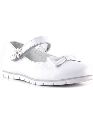 Xo Kids Rakerplus Hakiki Deri Beyaz Cırtlı Çiçek Detaylı Kız Çocuk Babet Ayakkabı