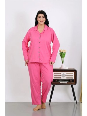 Kadın Büyük Beden Pamuklu Cepli Düğmeli Pembe Pijama Takım