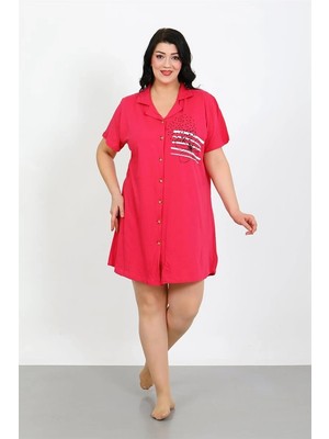 Büyük Beden Penye Düğmeli Fuşya Tunik Gecelik