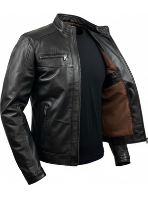 Tabakhanem Erkek Hakiki Deri Ceket Dik Yaka Fermuarlı Klasik Siyah