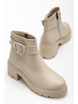 Dilimler Ayakkabı Kadın Topuklu Bot Bej Suni Deri Yan Tokalı Kalın Taban