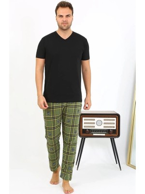 Erkek Ekoseli Desen Penye Tek Alt Pijama Haki