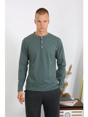 Erkek Penye Uzun Kol Pijama Takımı Haki