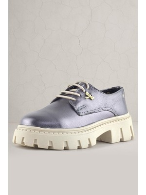 Rakerplus Platin Hakiki Deri Toka Detaylı Bağcıklı Kız Çocuk Günlük Ayakkabı