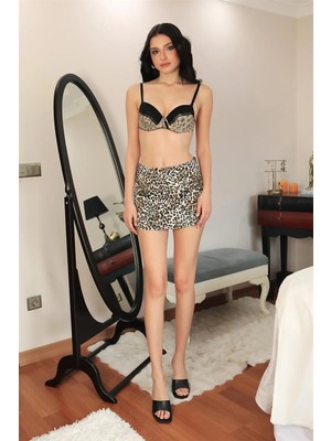 Kadın Destekli Balenli Leopar Desenli Sütyen Siyah