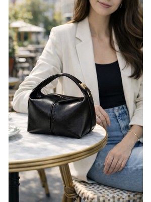 Nevalia Kadın Siyah El ve Omuz Çantası-Ayarlanabilir Omuz Askılı Fermuarlı Kilit Detaylı Şık Günlük Çanta