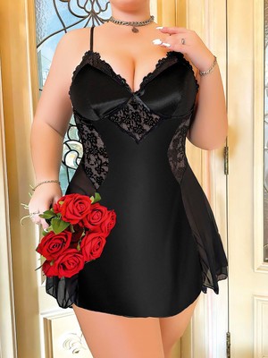 Zenvia  Büyük Beden Siyah Dantel Işlemeli Ince Askılı Saten Gecelik