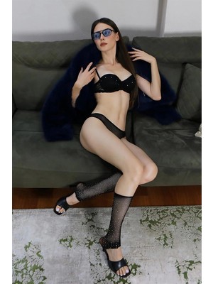 Kadın Yarım Destekli Taşlı Straplez Sütyen Takım Siyah