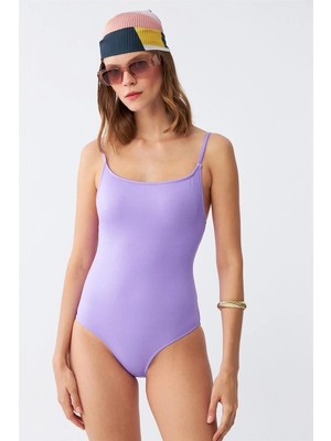 Kadın Lila Minimal Askılı Tek Parça Mayo