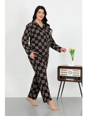 Kadın Büyük Beden Pamuklu Cepli Düğmeli Siyah Pijama Takım